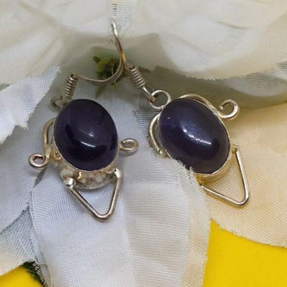 Vintage, Blue Amethyst and .925 Sterling Silver Earrings,  3.2g Weight, 4+cm - Picture 3 of 4